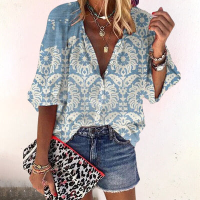 Elisabeth | Dames boho blouse met V-hals, lange mouwen en knoopsluiting