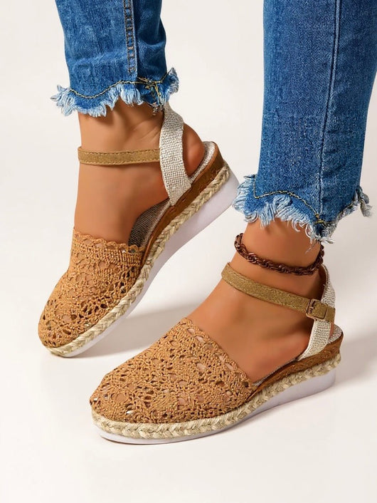 Annika | Dames boho gehaakte plateausandalen met enkelbandje
