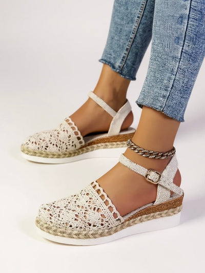 Annika | Dames boho gehaakte plateausandalen met enkelbandje
