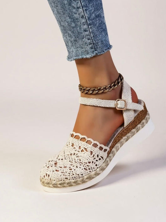 Annika | Dames boho gehaakte plateausandalen met enkelbandje