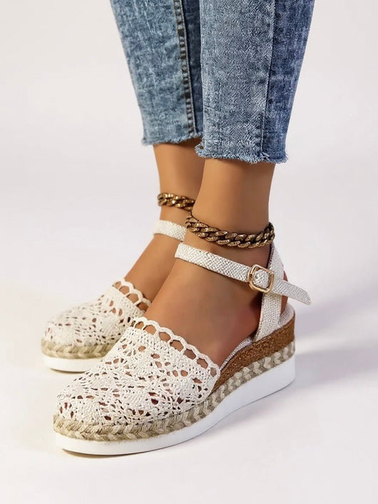 Annika | Dames boho gehaakte plateausandalen met enkelbandje