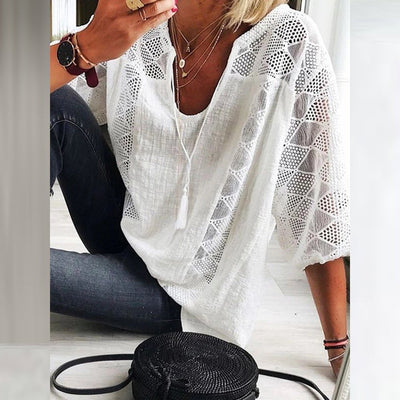 Marie | Dames bohoblouse met haakdetails, losse pasvorm en driekwartmouwen