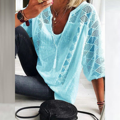 Marie | Dames bohoblouse met haakdetails, losse pasvorm en driekwartmouwen