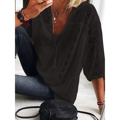 Marie | Dames bohoblouse met haakdetails, losse pasvorm en driekwartmouwen