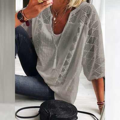 Marie | Dames bohoblouse met haakdetails, losse pasvorm en driekwartmouwen