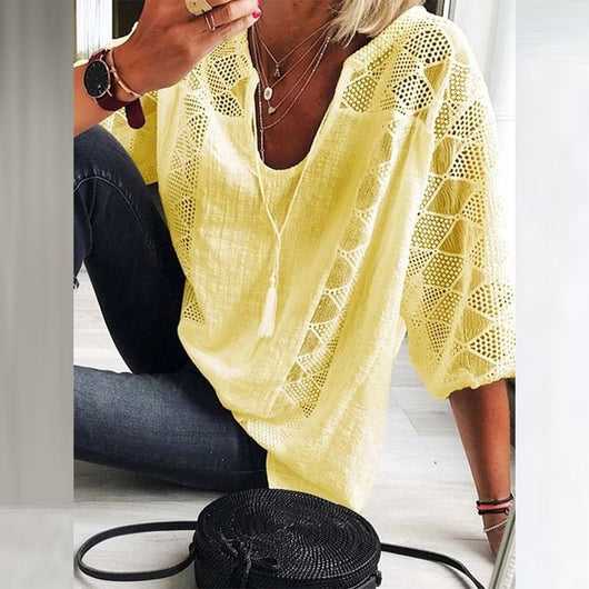 Marie | Dames bohoblouse met haakdetails, losse pasvorm en driekwartmouwen