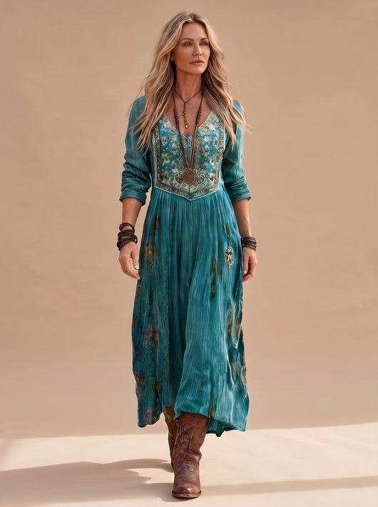Frieda | Dames boho midi-jurk met lange mouwen, v-hals en vintagedessin