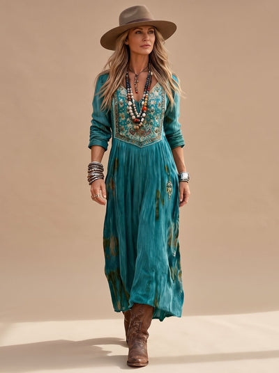 Frieda | Dames boho midi-jurk met lange mouwen, v-hals en vintagedessin
