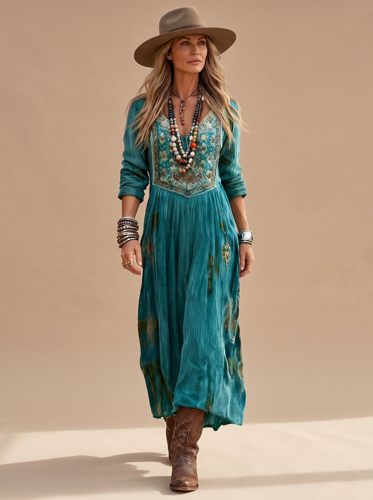 Frieda | Dames boho midi-jurk met lange mouwen, v-hals en vintagedessin