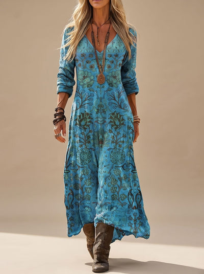 Annika | Dames boho maxi-jurk met lange mouwen, vintage bloemenprint en v-hals
