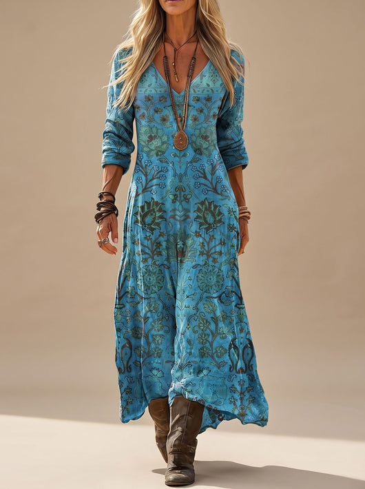Annika | Dames boho maxi-jurk met lange mouwen, vintage bloemenprint en v-hals