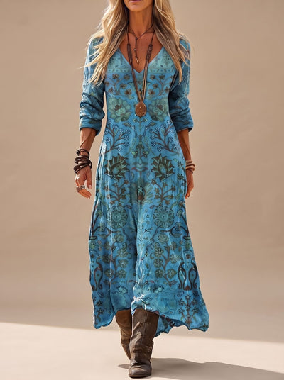 Annika | Dames boho maxi-jurk met lange mouwen, vintage bloemenprint en v-hals