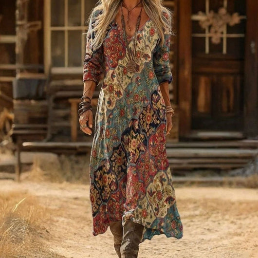 Frieda | Dames boho maxi-jurk met vintage bloemenprint en lange mouwen