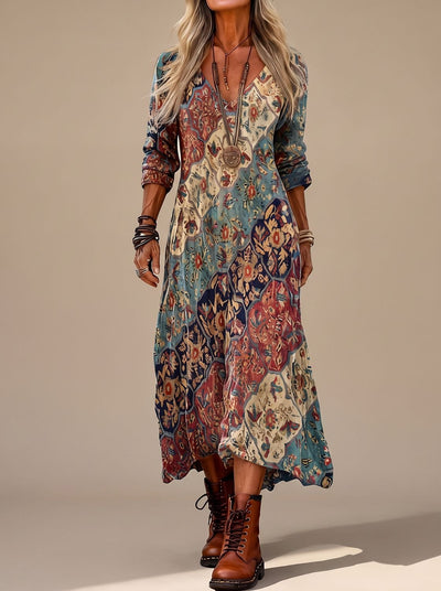 Frieda | Dames boho maxi-jurk met vintage bloemenprint en lange mouwen