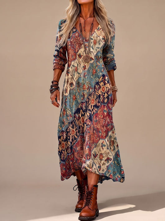 Frieda | Dames boho maxi-jurk met vintage bloemenprint en lange mouwen
