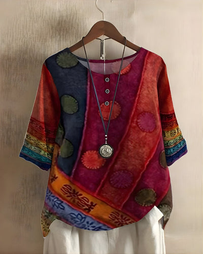 Sophie | Dames boho top met korte mouwen en kleurrijke etnische print