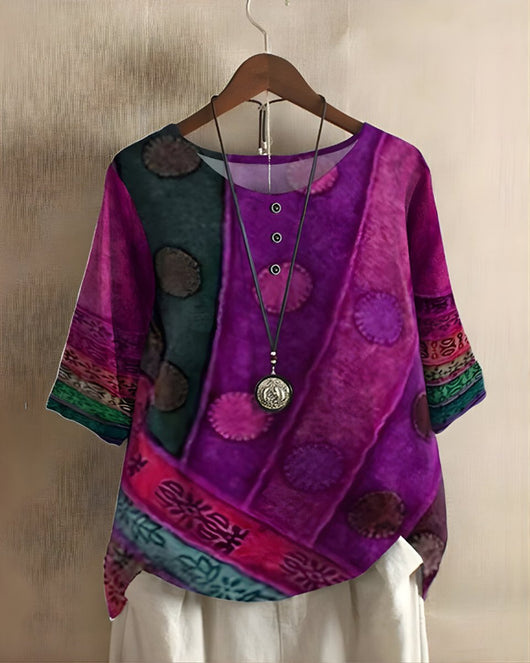 Sophie | Dames boho top met korte mouwen en kleurrijke etnische print