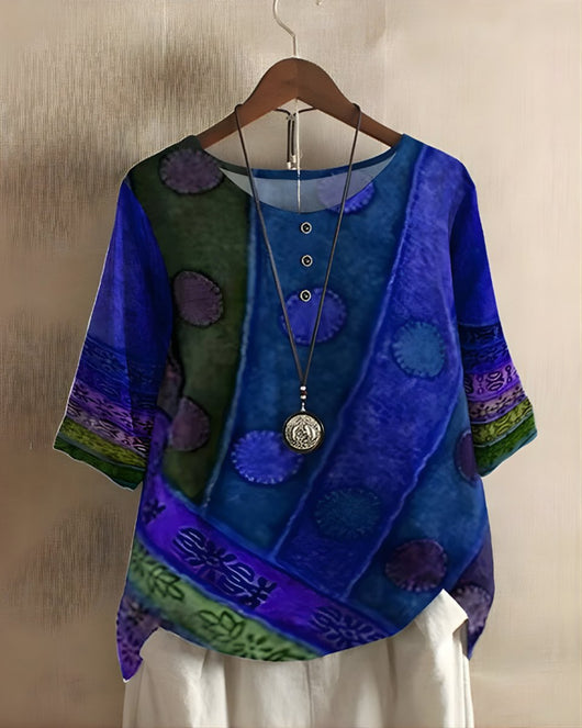 Sophie | Dames boho top met korte mouwen en kleurrijke etnische print