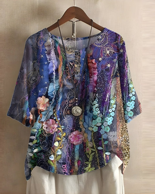 Sophie | Dames boho top met korte mouwen en kleurrijke etnische print