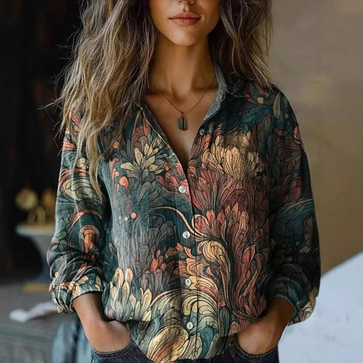 Elisabeth | Dames bohoblouse met knoopsluiting, bloemendessin en lange mouwen