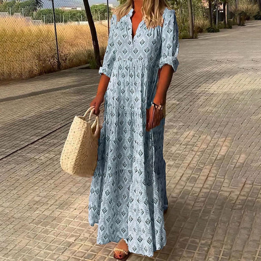 Greta | Dames boho maxijurk met V-hals en bloemendessin