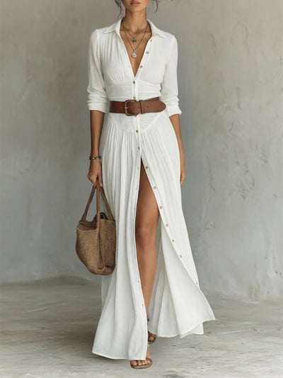 Marie | Dames boho maxi blousejurk met knoopsluiting en riem