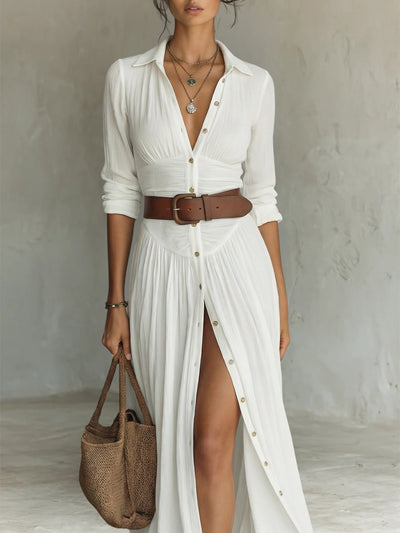 Marie | Dames boho maxi blousejurk met knoopsluiting en riem