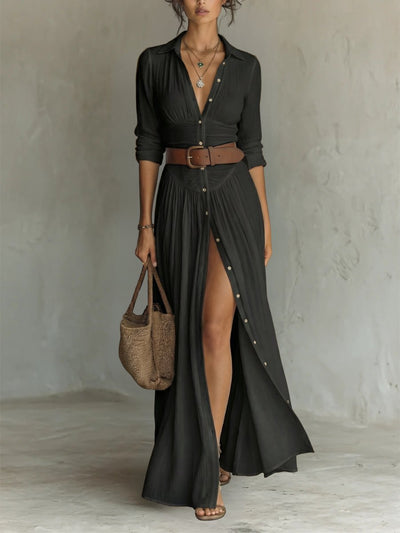 Marie | Dames boho maxi blousejurk met knoopsluiting en riem