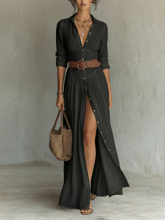 Marie | Dames boho maxi blousejurk met knoopsluiting en riem
