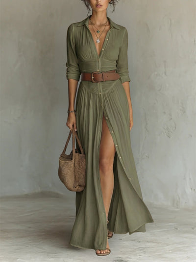 Marie | Dames boho maxi blousejurk met knoopsluiting en riem