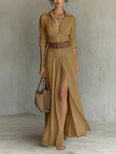 Marie | Dames boho maxi blousejurk met knoopsluiting en riem