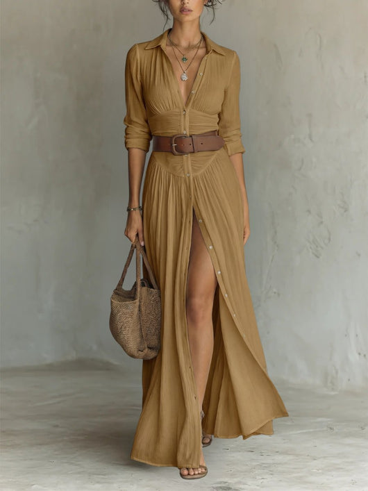 Marie | Dames boho maxi blousejurk met knoopsluiting en riem
