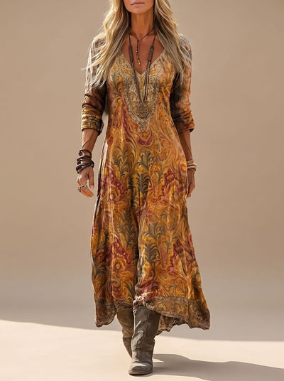 Lena | Dames boho maxi-jurk met lange mouwen, v-hals en vintage paisley