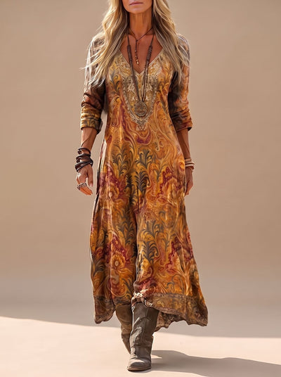Lena | Dames boho maxi-jurk met lange mouwen, v-hals en vintage paisley