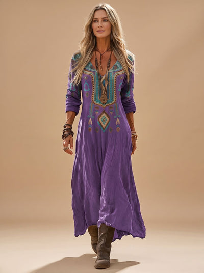 Katharina | Dames boho maxi-jurk met lange mouwen, v-hals en vintageprint