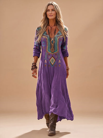 Katharina | Dames boho maxi-jurk met lange mouwen, v-hals en vintageprint