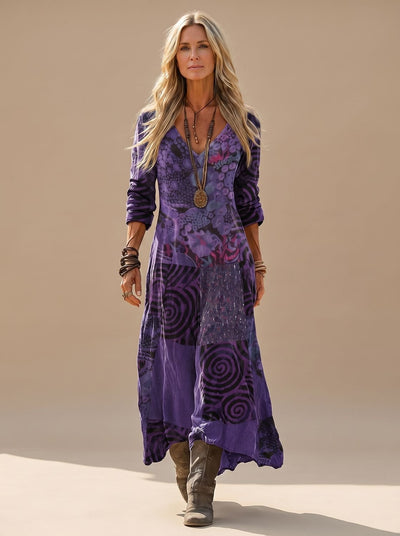 Hannah | Dames boho maxi-jurk met lange mouwen, vintage patchwork en v-hals