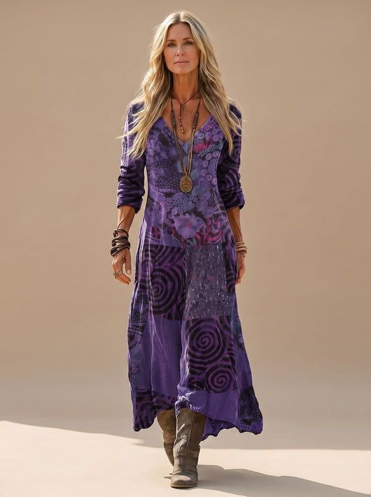 Hannah | Dames boho maxi-jurk met lange mouwen, vintage patchwork en v-hals