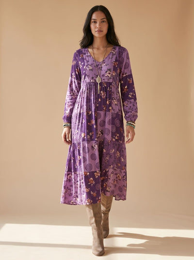 Hannah | Dames boho maxi-jurk met lange mouwen, vintage patchwork en v-hals