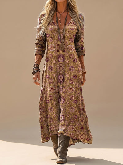 Amelie | Casual dames boho maxi-jurk met lange mouwen, vintage dessin en v-hals