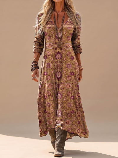 Amelie | Casual dames boho maxi-jurk met lange mouwen, vintage dessin en v-hals