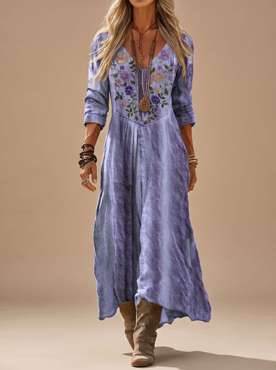 Leonie | Dames boho maxi-jurk met borduursel, v-hals en lange mouwen