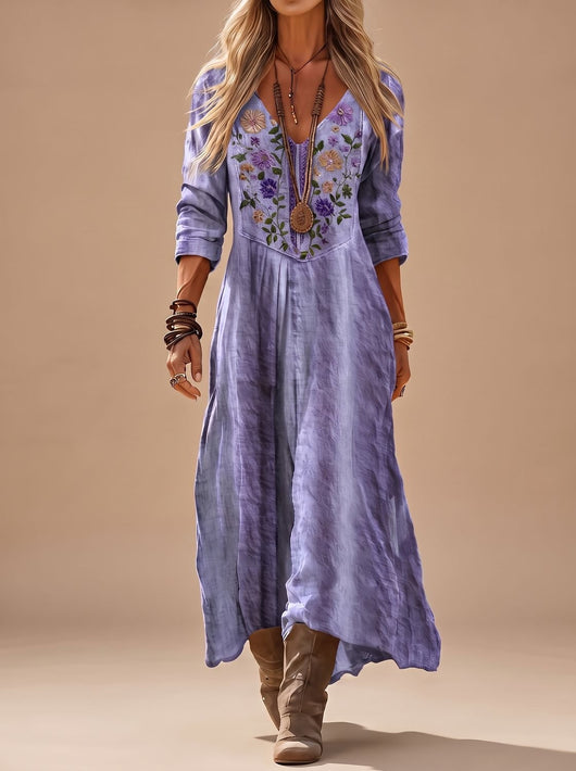 Leonie | Dames boho maxi-jurk met borduursel, v-hals en lange mouwen