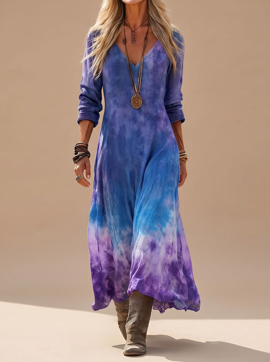 Nora | Vloeiende dames boho maxi-jurk met v-hals, lange mouwen en tie-dye