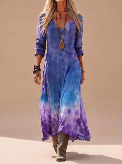 Nora | Vloeiende dames boho maxi-jurk met v-hals, lange mouwen en tie-dye
