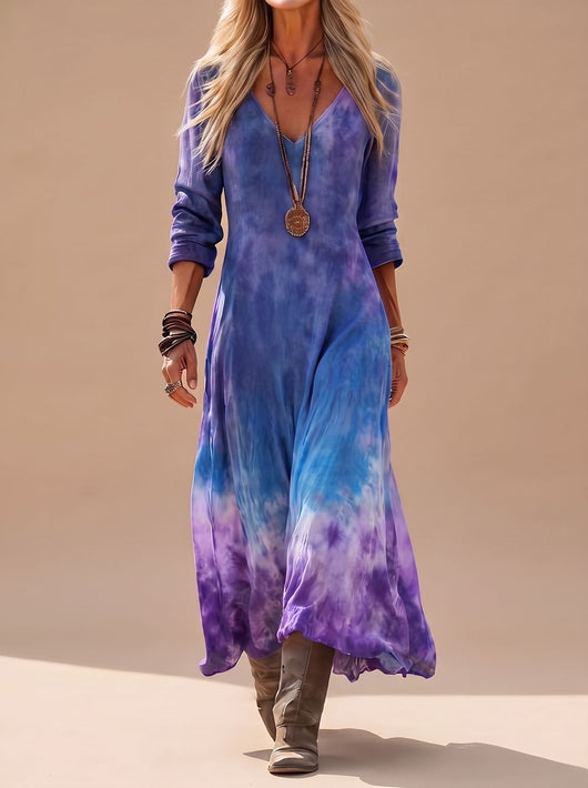 Nora | Vloeiende dames boho maxi-jurk met v-hals, lange mouwen en tie-dye