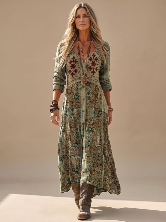 Elisabeth | Dames boho maxi-jurk met v-hals, lange mouwen en vintageprint