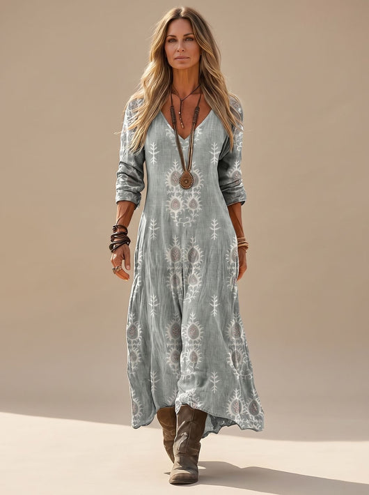 Marlene | Dames boho maxi-jurk met v-hals, lange mouwen en vintageprint