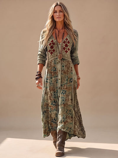 Elisabeth | Dames boho maxi-jurk met v-hals, lange mouwen en vintageprint