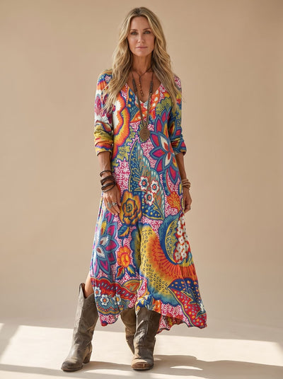 Marie | Dames boho maxi-jurk met v-hals, vintage bloemendessin en 3/4-mouw